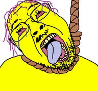 ack bloodshot_eyes crying death glasses hair hanging looking_up mustache noose open_mouth purple_hair rope series:gigachadhero's_colorful_troonjaks soyjak stubble suicide tongue tongue_out tranny variant:bernd white_background yellow yellow_skin yellow_teeth // 768x719 // 29.7KB
