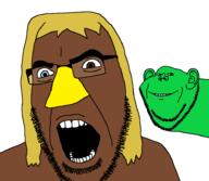 2soyjaks adult_swim angry beak blue_eyes brown_eyes brown_skin closed_mouth ear green_skin hair heterochromia open_mouth smile soyjak stubble variant:cobson variant:impish_soyak_ears xavier_(xavier_renegade_angel) xavier_renegade_angel yellow_hair // 942x821 // 61.8KB