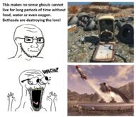 arm barrel bathtub car_tire closed_mouth concerned eyes_popping fallout fallout_new_vegas fridge frown garbage glasses hand hands_up open_mouth rocket soyjak stubble subvariant:waow text tongue trash variant:soyak video_game waow yellow_teeth // 1398x1210 // 1.2MB