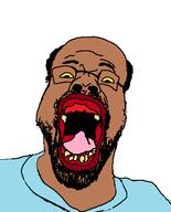 balding beard clothes glasses hair open_mouth soyjak tongue variant:nigjak yellow_sclera // 351x434 // 13.7KB