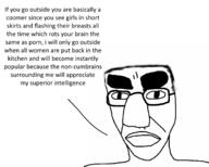 angry closed_mouth coomer glasses hair iq soyjak subvariant:chudjak_front text thick_eyebrows variant:chudjak // 2000x1600 // 222.8KB