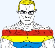 arm blue_eyes buff closed_mouth clothes country flag flag:podlaskie glasses hair podlaskie poland soyjak subvariant:chudjak_front subvariant:muscular_chud transparent transparent_background tshirt variant:chudjak vein voivodeship yellow_hair // 1059x929 // 36.0KB