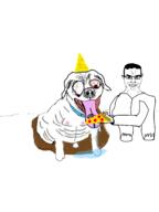 animal closed_mouth dog ear food full_body glasses hair holding_object pizza smile soyjak subvariant:chudjak_front variant:chudjak // 3024x4032 // 1.9MB