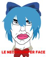 acne anime bant_(4chan) blue_hair bowtie cirno glasses hair hair_ribbon soyjak subvariant:pol_face text touhou variant:chudjak video_game // 500x618 // 91.6KB