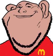 amerimutt brown_skin closed_mouth clothes ear lips looking_at_you mcdonalds mutt red_shirt smug soyjak stubble subvariant:impish_amerimutt variant:impish_soyak_ears // 598x628 // 80.8KB