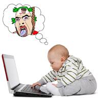 4chan anime baby bloodshot_eyes clothes computer full_body glasses green_hair hair hanging irl open_mouth rent_free rope soyjak speech_bubble stubble suicide toddler tongue variant:cobson yotsoyba zoomer // 1000x1000 // 559.4KB