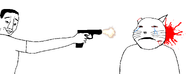 animal animal_abuse animal_ears black_hair blood bloodshot_eyes cat cat_ear clothes crying eyebrows gun shooting smirk subvariant:impish_meowjak subvariant:massjak subvariant:massmeowjak subvariant:wholesome_soyjak variant:chudjak variant:gapejak white_background white_skin // 1342x515 // 82.1KB