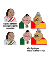 4soyjaks black_hair brown_skin claudia_sheinbaum conquistador flag:mexico flag:spain jewish_nose judaism mexico mustache nas:wojak o_algo president ribbon scared spaniard spanish_text sweating variant:meximutt white_background woman // 399x501 // 141.4KB