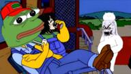animated anime another_(anime) bant_(4chan) bloodshot_eyes blue_hair chino_kafuu crying dance frog glasses gochiusa hand leg long_eyebrows misaki_mei open_mouth pepe selfish_little_fuck sneed soyjak stubble tippy variant:cryboy_soyjak // 600x338 // 1.9MB
