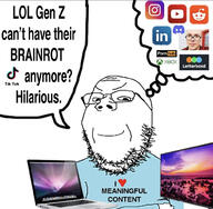 anthony_fantano apple_(company) arm closed_mouth computer crossed_arms discord glasses hair i_heart instagram laptop letterboxd linkedin mac pornhub reddit smug soyjak speech_bubble stubble text thought_bubble tiktok variant:gapejak xbox youtube zoomer // 1284x1257 // 683.8KB