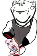 2soyjaks apron arm bloodshot_eyes closed_mouth crying ear hair hand hanging mustache open_mouth purple_hair rope smile soyjak stubble tongue tranny variant:cobson variant:impish_soyak_ears white_skin yellow_teeth // 549x826 // 213.2KB