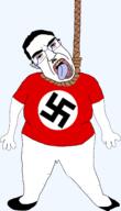 bloodshot_eyes clothes crying fat full_body glasses hair hanging nazism obese open_mouth rope soyjak subvariant:chudjak_front suicide swastika tongue variant:chudjak // 1375x2392 // 541.6KB