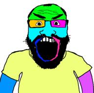 angry arm beard clothes glasses hair open_mouth soyjak subvariant:science_lover trend:colorjak tshirt variant:markiplier_soyjak // 800x789 // 17.5KB