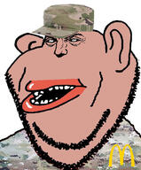 amerimutt army black_sclera brown_skin camouflage clothes ear hat lips logo mcdonalds military military_cap military_hat military_uniform multicam punisher_face soldier stubble subvariant:impish_amerimutt uniform variant:impish_soyak_ears white_background white_eyes // 594x716 // 144.0KB