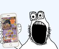 advertisement arm irl_background n64 open_mouth phone poopson soyjak stubble variant:rarejak // 788x650 // 243.6KB