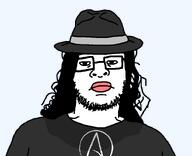 atheism atheistcuck clothes fedora glasses grey_shirt hair hat long_hair nigger_lips pink_lips redraw soyjak stubble sweating variant:skajyosjak white_shirt white_skin // 800x650 // 14.7KB