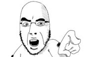 arm bloodshot_eyes glasses hand open_mouth pointing redraw shading soyjak stubble variant:cobson // 2112x1271 // 129.4KB