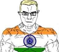 arm blue_eyes buff chud closed_mouth country flag flag:india glasses india indiaryan muscles subvariant:chudjak_front subvariant:muscular_chud variant:chudjak yellow_hair // 1059x929 // 332.4KB