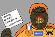 advertisement award blood bloodshot_eyes brown_skin cracked_teeth discord dutch fat holding_sign invitation irc logo nosebleed ongezellig orange_hair soyzellig_party subvariant:hunky_twink_sex_machine thick_eyebrows variant:alicia vein yellow_teeth zarty zartycuck // 1188x800 // 164.2KB