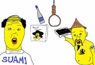 arm balding bottle buck_teeth clothes country finland flag hair hand hat noose open_mouth pointing rope soy_parody soyjak text variant:two_pointing_soyjaks yellow_skin // 1256x870 // 106.8KB