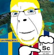 blue_eyes chemistry country element finland flag flag:finland flag:norway glasses hair hand holding_object irl_background looking_at_you norway pointing pun scandinavia scandium smile soyjak stubble sweden text variant:cobson yellow_hair // 776x790 // 447.5KB