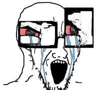 bloodshot_eyes crying distorted glasses looking_to_the_right open_mouth soyjak stubble teeth variant:soyak zoomed // 785x731 // 180.6KB