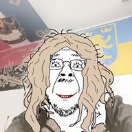 azog bandera clothes eyelashes flag glasses larp mustache purple_hair smile soyjak stubble tranny ukraine variant:bernd wig // 640x640 // 459.7KB