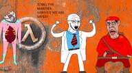 amerimutt backpack bald belt beret blood blue_shirt boot chud clothes excited eyes full_body glasses gore gun guts half-life half_life hand headcrab lips lipstick macdonald marine mcdonalds military orange_background pink_shirt pistol red_lips red_shirt ribcage science scientist shoe soldier soyjak stubble subvariant:impish_amerimutt subvariant:suspicious_chudjak suit tranny transgender_flag variant:bernd variant:chudjak variant:impish_soyak_ears variant:soyak // 5000x2788 // 2.3MB