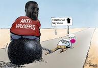 antivax fat gigachad glasses mask obese political_cartoon soyjak totalitarian totalitarian_soy_state vaccine variant:feraljak // 1200x834 // 150.3KB