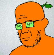 closed_mouth ear froot glasses green_glasses orange_skin soyjak stem stubble tired variant:frootjak // 296x300 // 53.2KB