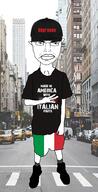 baseball_cap clothes country flag flag:italy flag:united_states full_body glasses hat irl_background italian_american italy peace_sign subvariant:chudjak_front the_sopranos united_states variant:chudjak // 307x600 // 236.7KB