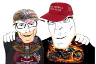 2024 2soyjaks animal beard bird blue_eyes camo_hat clothes confederate eagle flag flag:confederate_states_of_america flag:united_states friendship hand hat maga motorcycle no_more_brother_wars soyjak star_(symbol) stubble subvariant:feralaryan subvariant:teutonson text trend:aryan trump_2024 united_states variant:cobson variant:feraljak yellow_hair // 1277x857 // 1.1MB