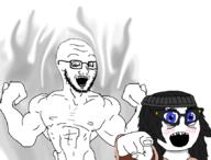 2soyjaks arm beanie blue_eyes blush buff clothes crazed female glasses hair hand hat jojos_bizarre_adventure open_mouth pointing soyjak stand_(jojo) stubble subvariant:soyak_(crazed) variant:soyak variant:soytan // 857x651 // 111.6KB