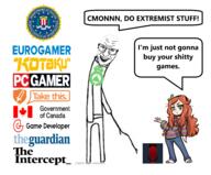 bald canada eurogamer federal_bureau_of_investigation game_developer gamergate glasses government_of_canada grin kotaku pc_gamer steam_(platform) stubble sweet_baby_inc the_guardian the_intercept variant:unknown vivian_james // 1928x1594 // 828.8KB
