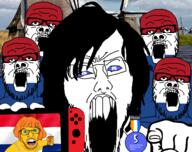angry anti_ongezellig arm badge blue_eyes bowtie clothes discord glasses hair hand holding_object irl_background juice multiple_soyjaks mustache netherlands nintendo nintendo_switch open_mouth orange_hair orange_skin pointing pointing_at_viewer shill soyjak stubble studio_massa text variant:a24_slowburn_soyjak variant:feraljak variant:unknown video_game windmill // 1244x988 // 528.5KB