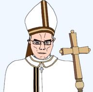 artist:keys blue_eyes buff choir_dress christianity cross facing front glasses mitre muscular_male necklace papal_ferula pope staff stong subvariant:chudjak_front subvariant:muscular_chud variant:chudjak white_clothing white_hair white_hat white_skin // 1280x1270 // 59.7KB