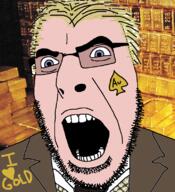 angry blue_eyes clothes glasses gold i_love open_mouth soyjak spade stubble text variant:cobson white_skin yellow_hair // 721x789 // 491.1KB