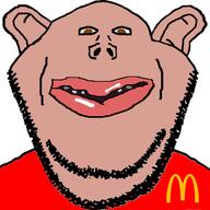 amerimutt brown_eyes brown_skin clothes ear front_facing lips looking_at_you mcdonalds mutt open_mouth red_shirt soyjak stubble subvariant:impish_amerimutt subvariant:impish_front template variant:impish_soyak_ears // 627x627 // 39.0KB