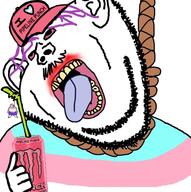 2soyjaks beard bloodshot_eyes cap clothes drinking drinking_straw energy_drink hanging hat monster_energy tongue tranny transgender_flag variant:impish_soyak_ears // 586x588 // 280.2KB
