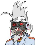 beard blood character clenched_teeth clothes collar_tabs communism cyborg cyrillic_text dead dirty_clothes doppler dr_doppler ear epaulettes fire hair hammer_and_sickle hat kgb kuz mega_man military_uniform necktie neutral nosebleed old open_mouth red_eyes robot smoke soviet_army_uniform soyjak star uniform variant:kuzjak videogame wires // 982x1261 // 266.0KB