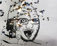 bullet_hole crazed firearm glasses gun hand holding_gun holding_object holding_pistol irl open_mouth pistol soyjak stubble subvariant:soyak_(crazed) variant:soyak weapon // 2127x1714 // 870.6KB