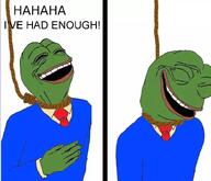 amphibian closed_eyes clothes frog hanging kek laughing meta:not_oc nas:pepe open_mouth pepe_the_frog rope suicide text // 803x688 // 420.6KB