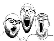3soyjaks glasses meta:tagme mouth_open soyjak soyjak_trio2 stretched_mouth stubble variant:cirrus variant:hot_sauce variant:reaction_soyjak white_background // 1497x1119 // 37.0KB