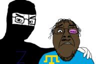 2soyjaks Astrofene_(namefag) Warrior-Z(user) arm balaclava body bruise bruised_eye crimean_tatar frown gore hair hand hugging islam looking_at_you muslims soyjak variant:bernd variant:chudjak violence // 1265x834 // 83.2KB