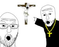 3soyjaks christianity clothes cross crucifixion full_body glasses mustache necklace open_mouth religion soyjak stubble variant:markiplier_soyjak variant:two_pointing_soyjaks // 750x593 // 222.3KB