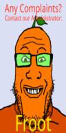 food froot_(user) fruit glasses leaf open_mouth orange orange_skin soyjak stubble text variant:markiplier_soyjak // 256x512 // 47.6KB