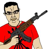 ak-47 brown_eyes catholicism chi_rho falangism fascio glasses gun holding_gun looking_at_you meta:self_insert necklace red_shirt rosary sam_hyde_pose spanish_chud_(namefag) third_positionism tkd variant:chudjak yoke_and_arrows // 1183x1200 // 129.3KB