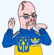 adidas bloodshot_eyes clothes crying flag full_body glasses hair hohol holodomor lgbt logo pig pointing rainbow soyjak track_suit ukraine variant:chudjak variant:cryboy_soyjak vein wojak // 900x920 // 353.2KB