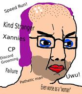 angry glasses hair makeup purple_hair soyjak stubble text tranny variant:chudjak white_skin // 389x445 // 53.7KB