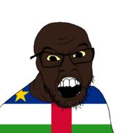 black_skin central_african_republic clothes country flag flag:central_african_republic get glasses open_mouth quads small_eyes soyjak stubble variant:feraljak yellow_sclera // 1500x1500 // 31.2KB